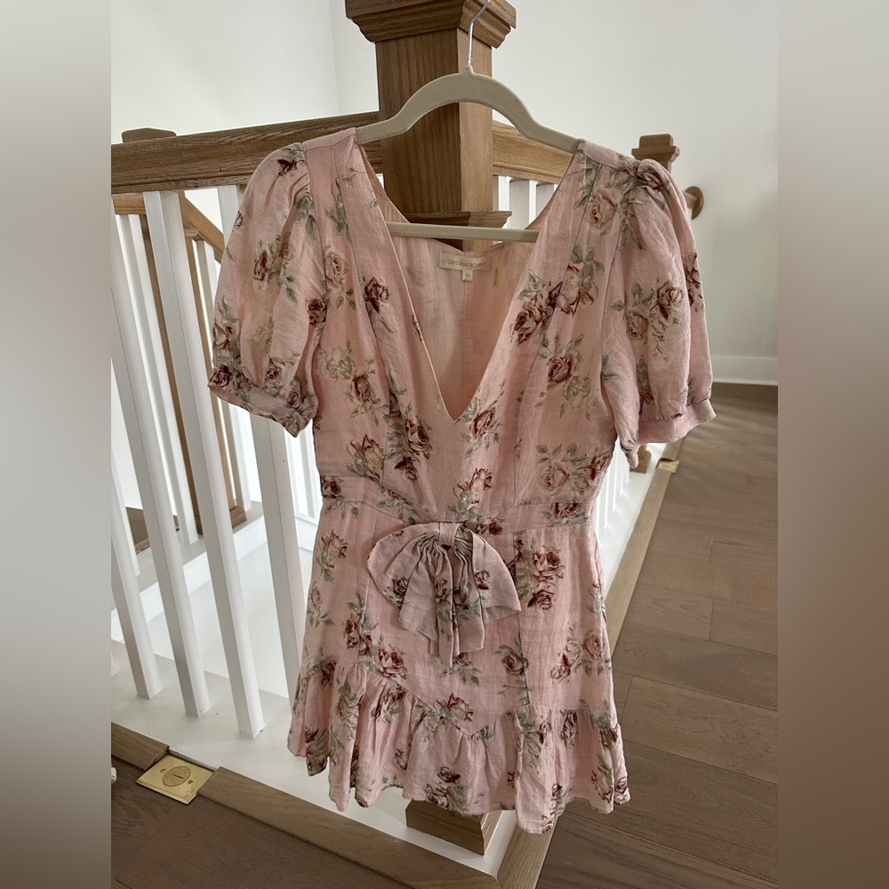 LoveShackFancy Lena Pink Ruffled Puff Sleeve Mini Dress